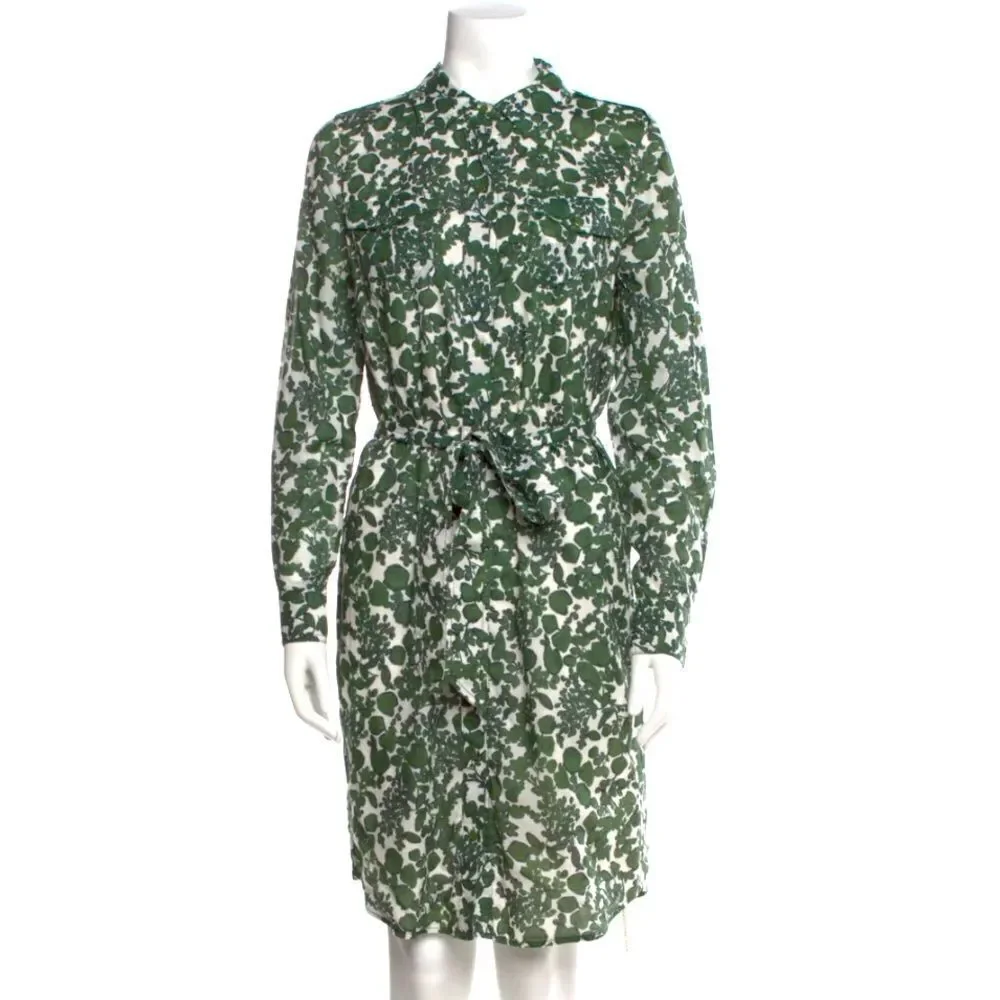 Tory Burch Green and White Floral Midi Shirt Dress size 12 - missing belt